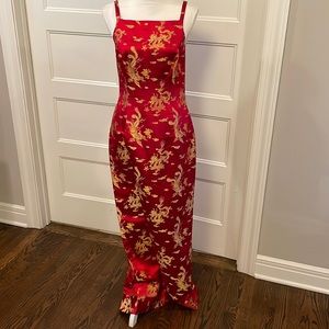 Red China Silk Custom Gown with traditional Gold Dragons